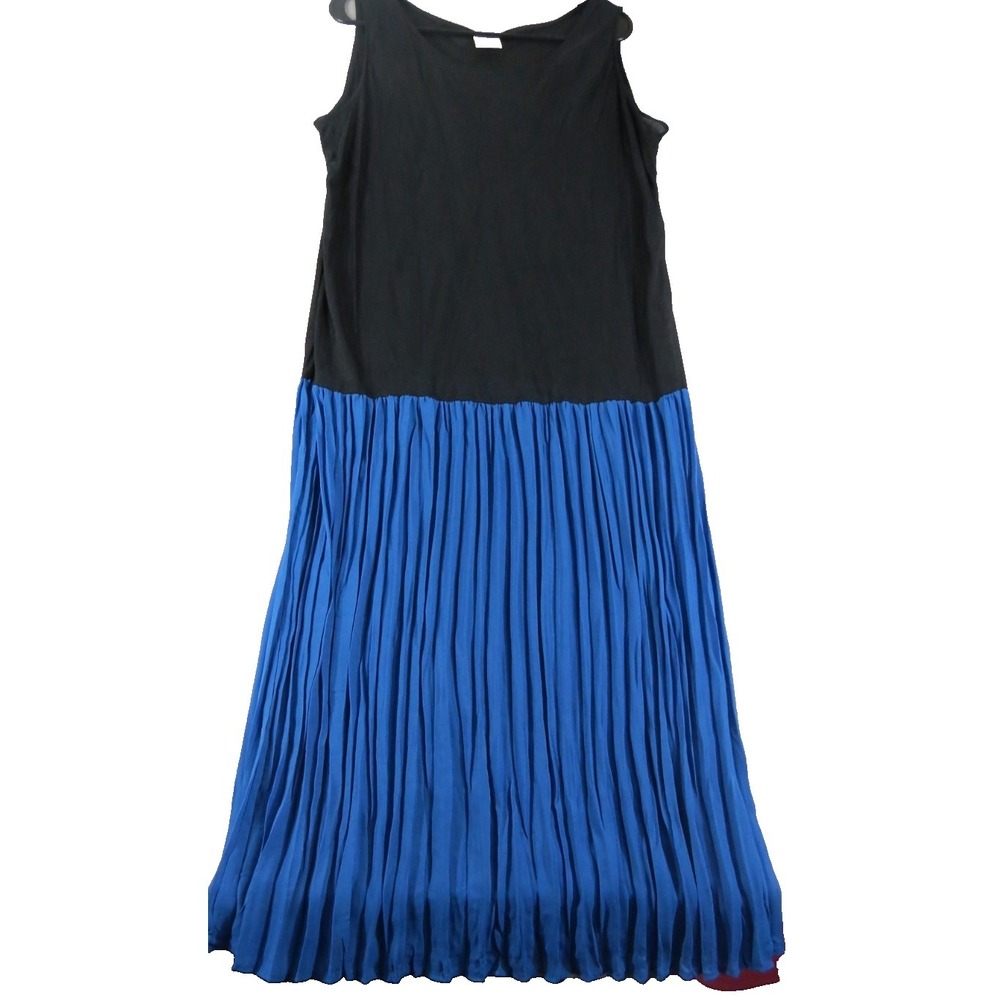Vtg Made In USA Pleated Maxi Dress 12 Black Blue Sleeveless Colorblock Gown‎ EUC
